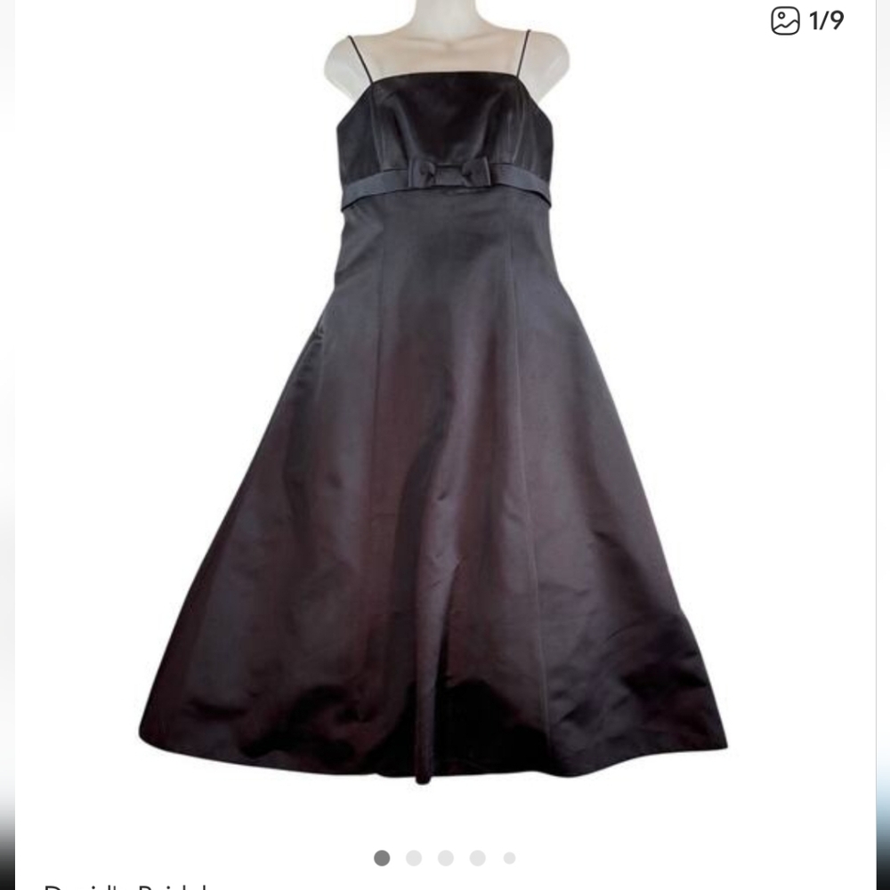 David's Bridal Midi Formal Dress,Empire,Black Satin, Spaghetti Straps, ZipUp, 8